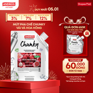  Mứt Pha Chế Vải & Hoa hồng - Có miếng trái cây thật - Nguyên liệu pha chế - ANDROS CHUNKY - 1kg 