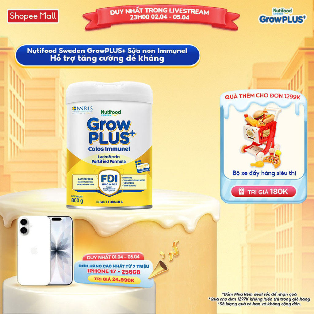 Sữa Bột Nutifood Sweden GrowPLUS+ Sữa Non Immunel từ lon 800 g (Bao bì tuỳ lô hàng)