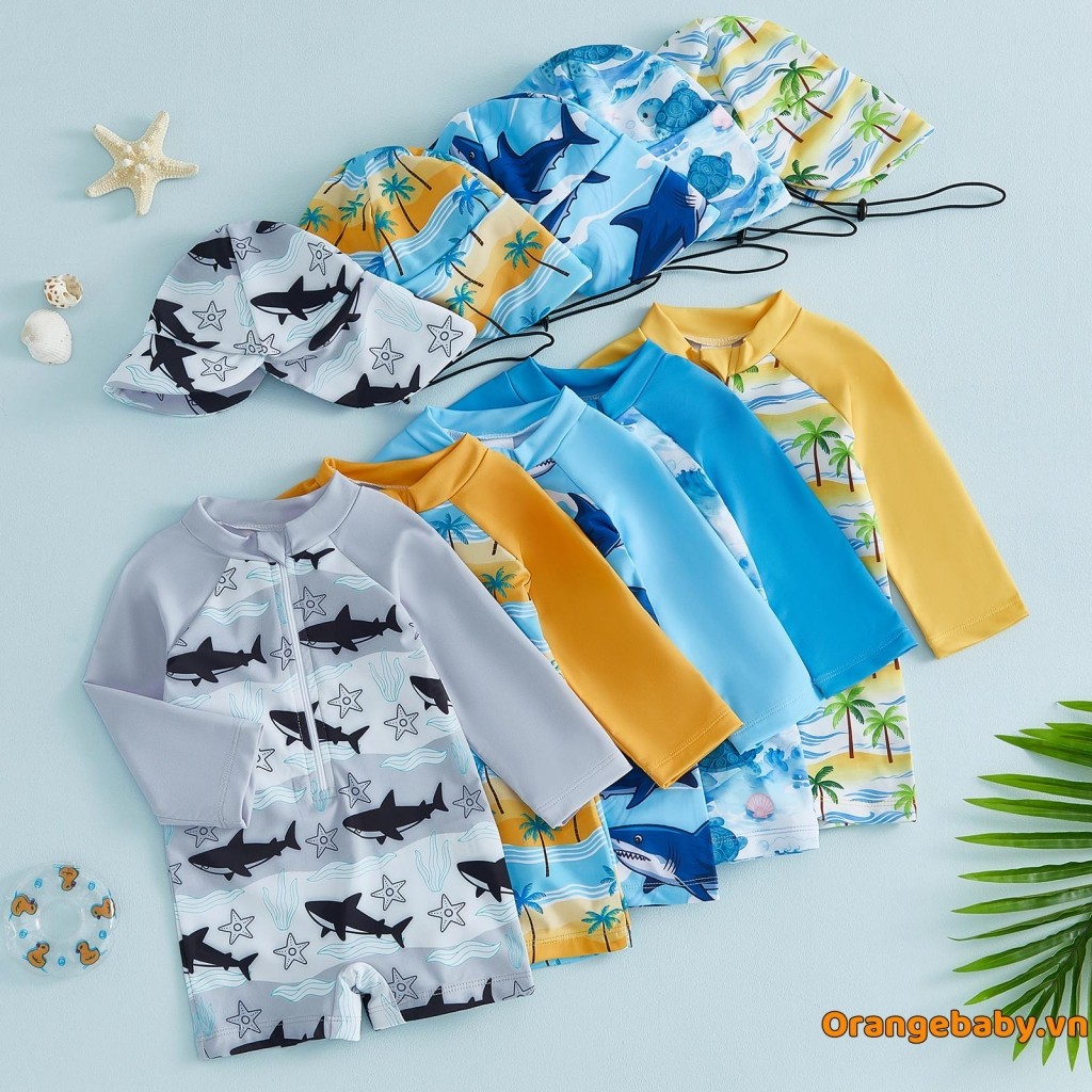 [K8lm] Đồ bơi Baby Boys Rash Guard Rùa / Cá mập / Cây dừa Đồ bơi có khóa kéo dài tay có mũ bơi