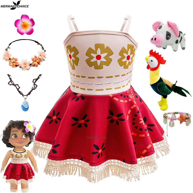 Mới Moana 2 Váy bé gái Moana Đầm Công Chúa Cosplay Bé Một Vai Suspender Đầm Phụ Kiện Bộ Đảng Đi Biển