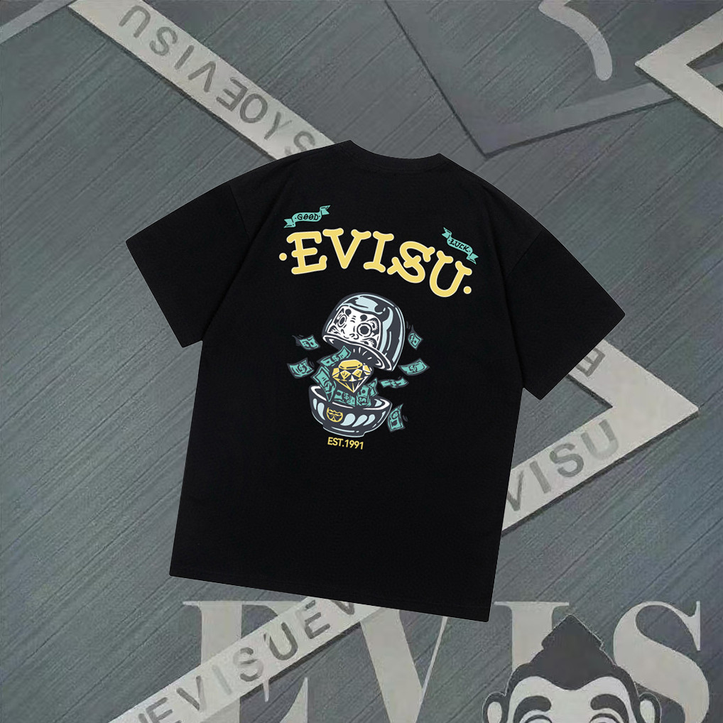 Evisu Áo Thun Ngắn Tay Cổ Tròn, Phong Cách Thể Thao Mỹ, Hợp Thời Trang