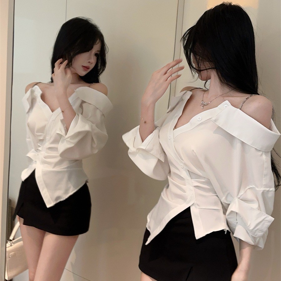Kii Wii Áo sơ mi dài tay cổ chữ V lệch vai, phù hợp mùa hè 260414 | BigBuy360 - bigbuy360.vn