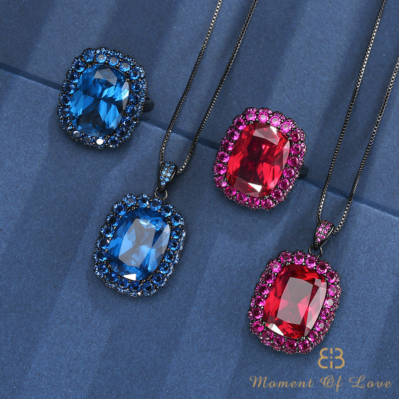 Trang sức Mô phỏng Red Corundum Blue Spinel Bộ trang sức vàng đen
