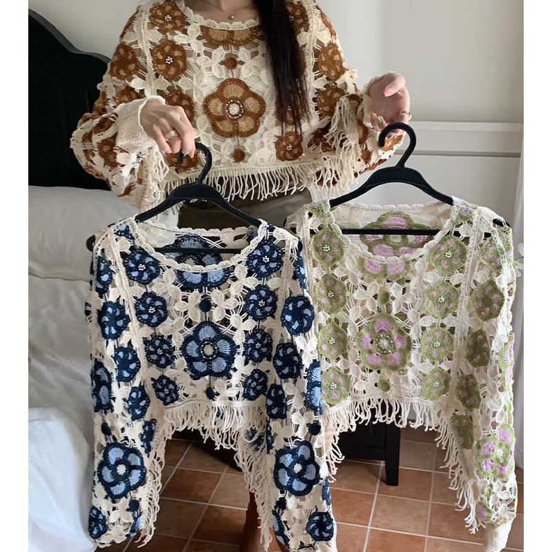 Áo sơ mi cổ tích rỗng màu cầu vồng Bohemian Áo sơ mi dài tay