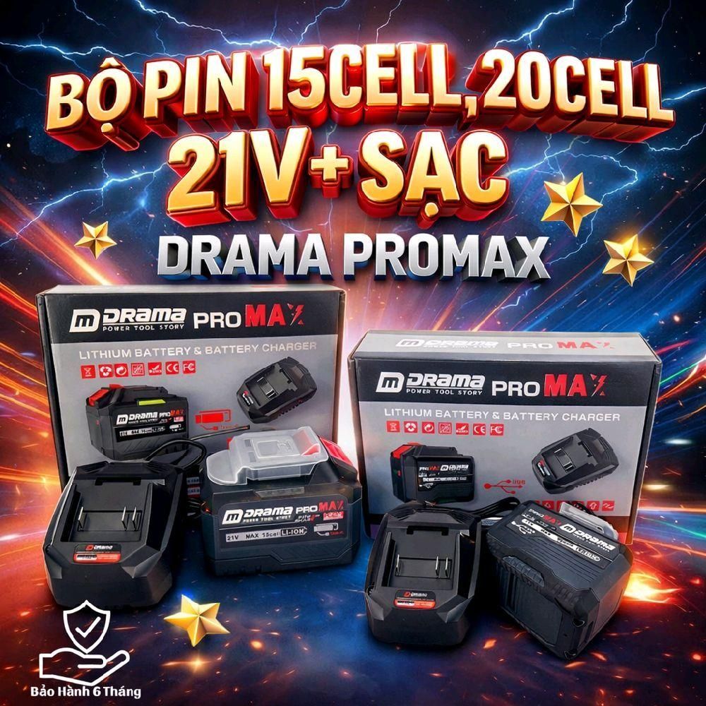 BỘ Pin 15Cell,20Cell 21V Drama Promax Kèm Sạc Chân Pin Phổ Thông