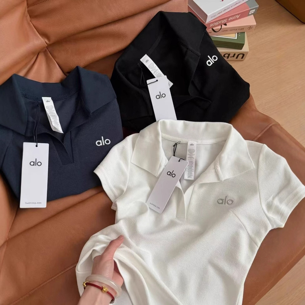 A alo2025 ve áo polo ngắn tay Áo thun nữ vai chính hãng Slim-fit Slimer Look Solid Color Top Feel Su