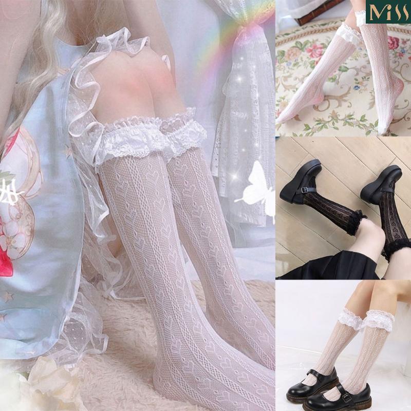 Sweet Lolita Calf Socks Girl's Love Hearted Shape Stockings with Lace Edge
