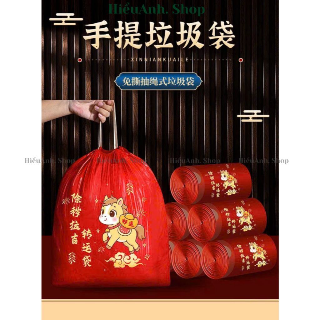 Túi Đựng Rác Cuộn 100 Chiếc Phiên Bản Tết 2026 Đỏ Rực Năm Ngọ Có Dây Sách Tiện Lợi MH135