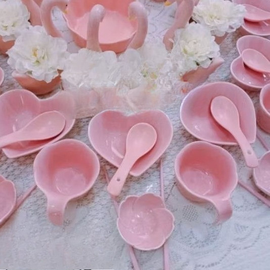 SP - Bộ decor mâm cúng màu hồng bộ bát đĩa thìa cốc đũa màu hồng