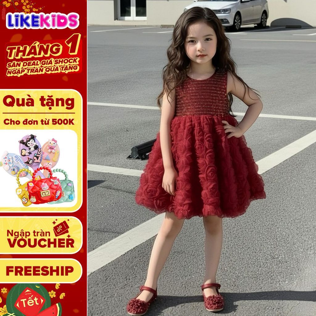 Đầm công chúa LikeKids cho bé gái hoạ tiết KIM SA NGỰC T29