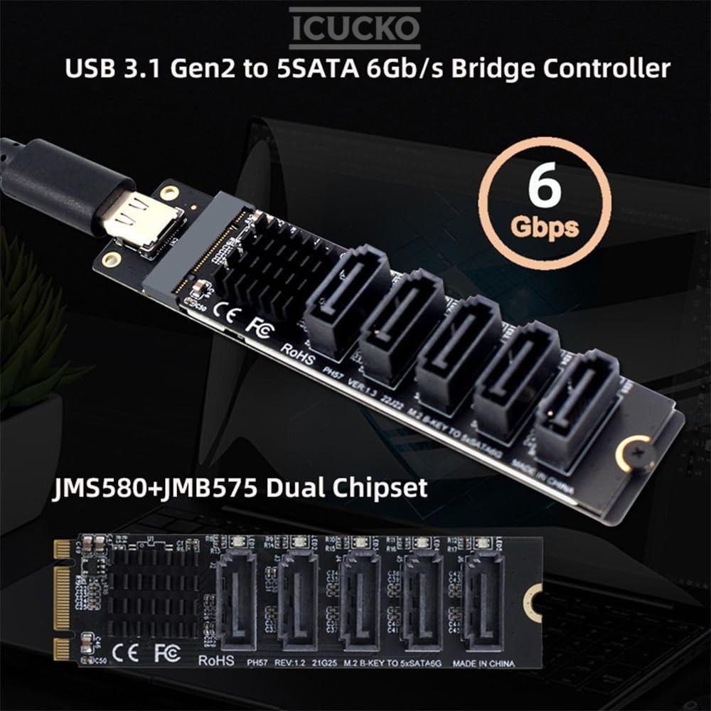 Bộ chuyển đổi ICUCKO Type C sang SATA, Bộ nâng PCI-E đa cổng 5 kênh, phích cắm và chạy JMB575 Bộ chu