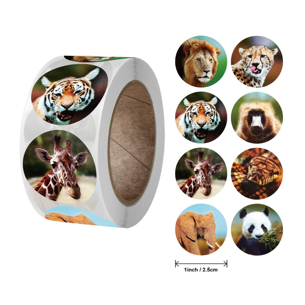 Roll of 500 wild animal stickers – Cute wild animal stickers, decorative stickers for notebooks, gif