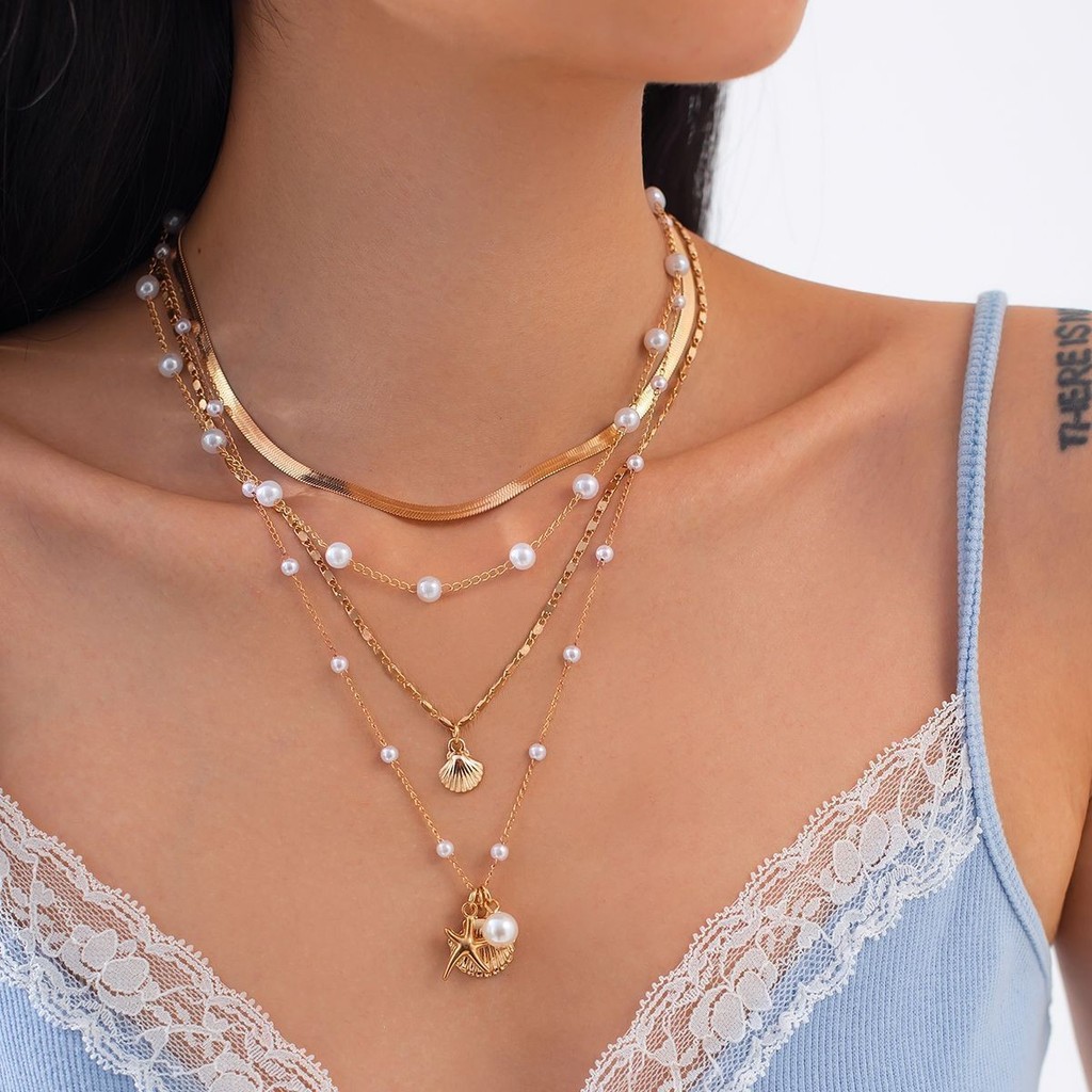 Trang sức Cao cấp Vòng cổ ngọc trai cổ điển Vòng cổ nhiều lớp Thiết kế mờ Mặt dây chuyền vỏ sao biển