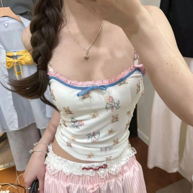 Áo camisole nữ Muxi in hình gấu hai lớp, phù hợp mùa hè