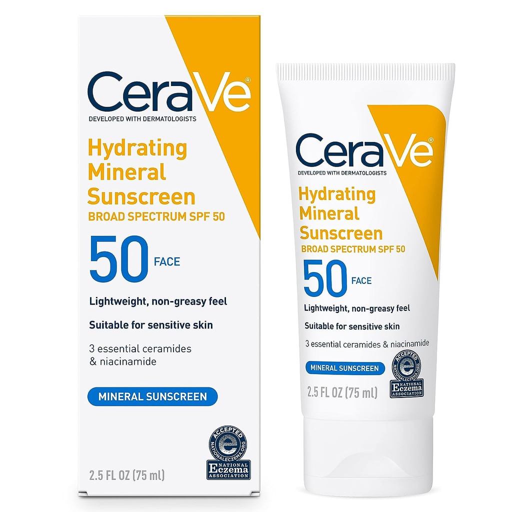 CeraVe 100% Mineral Sunscreen SPF 50, Face sunscreen With Zinc Oxide & Titanium Dioxide, Hyaluronic 
