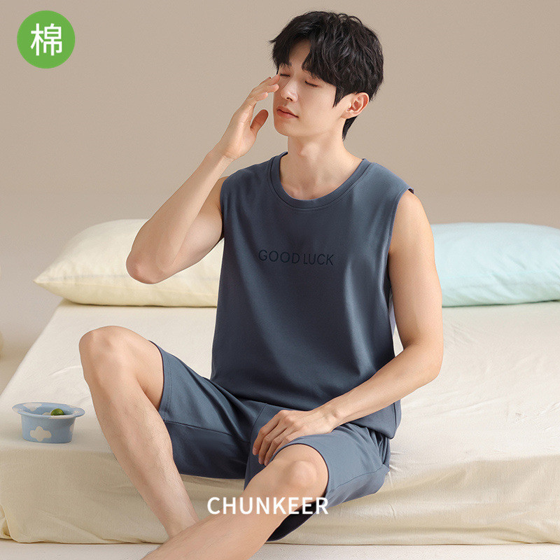 夏季背心睡衣男套装全棉休闲薄款圆领套头无袖短裤青年家居服Summer Vest Pajamas Men's Set Cotton Casual Thindxlnmatq123vn20260416