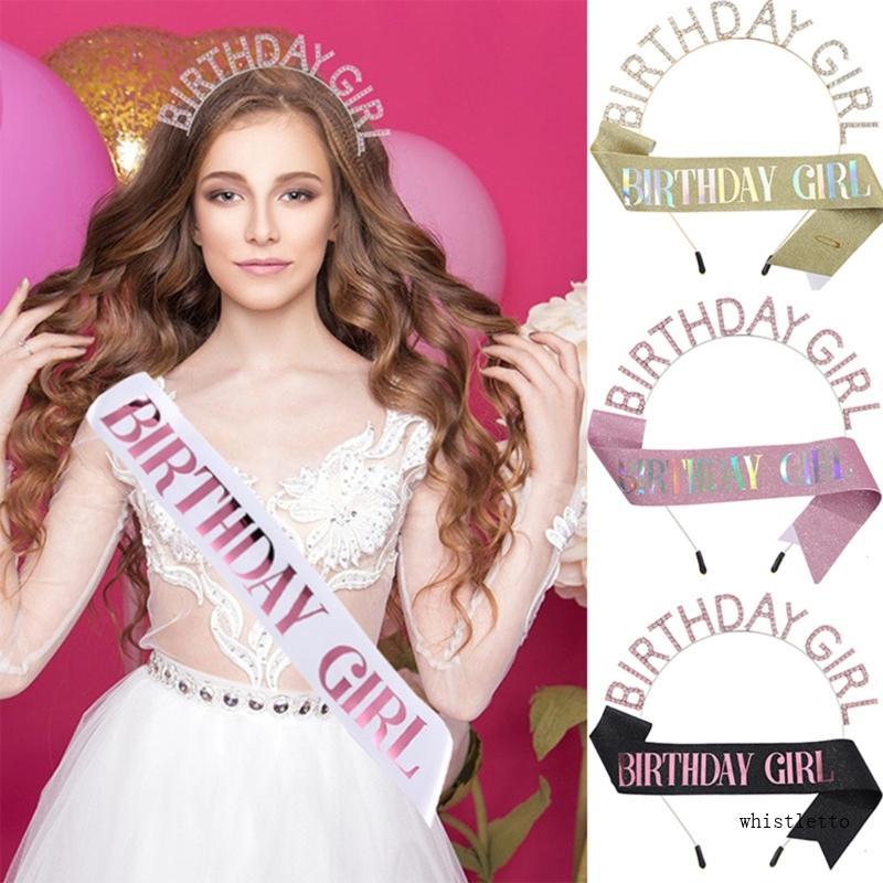 Sparkling Birthday Girl Headbands with Sash Hair Hoop Tiaras Birthday Hairband