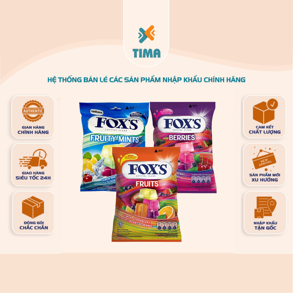 [GÓI 90gr] Kẹo Fox's Crystal Clear 3 Vị Fruity Mints, Berries Candy