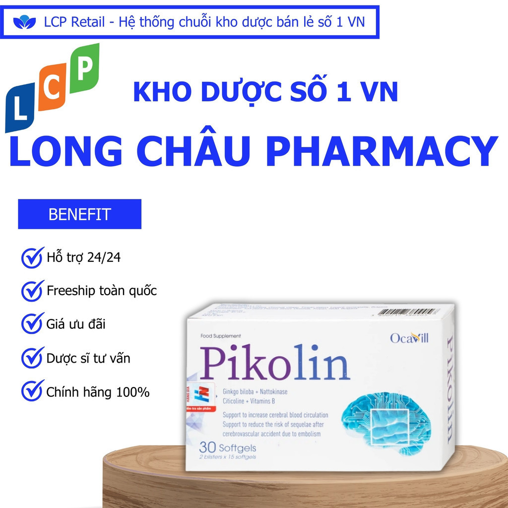 Viên uống Pikolin Ocavill hỗ trợ tăng cường tuần hoàn máu não, cải thiện lưu thông máu (2 vỉ x 15 vi