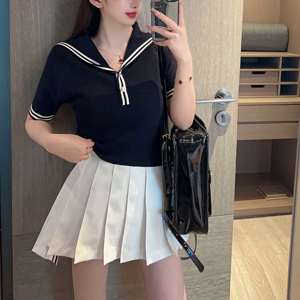 2E67 Thom Browne Summer College Style Navy Collar Color-Block Youthful Short Sleeve Ice Linen Knitte