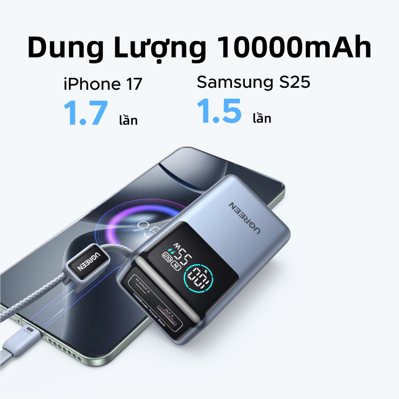 Pin Dự Phòng UGREEN Sạc PB72710000mAh 55W 3 Cổng Cáp Tích Hợp, đèn LED màn hình | BigBuy360 - bigbuy360.vn