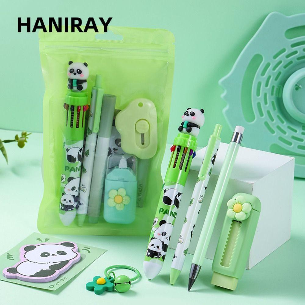 Bộ văn phòng phẩm HANIRAY, Bút Gel 8 trong 1 thiết kế Panda, Bút đánh dấu đa chức năng Back To Schoo