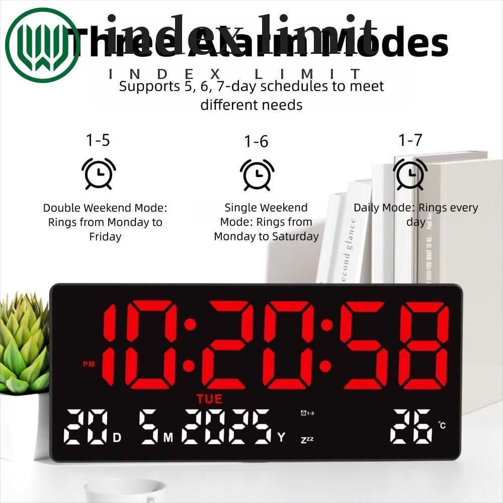 Đồng hồ treo tường kỹ thuật số GIỚI HẠN INDEX, Đồng hồ báo thức LED hiển thị thời gian lớn / Ngày / 