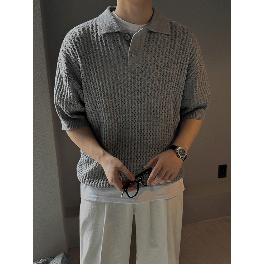 MYQ Summer Thin Breathable Lapel Knitwear Men's Loose Short Sleeves POLO Commuter Style Shirt Outfit