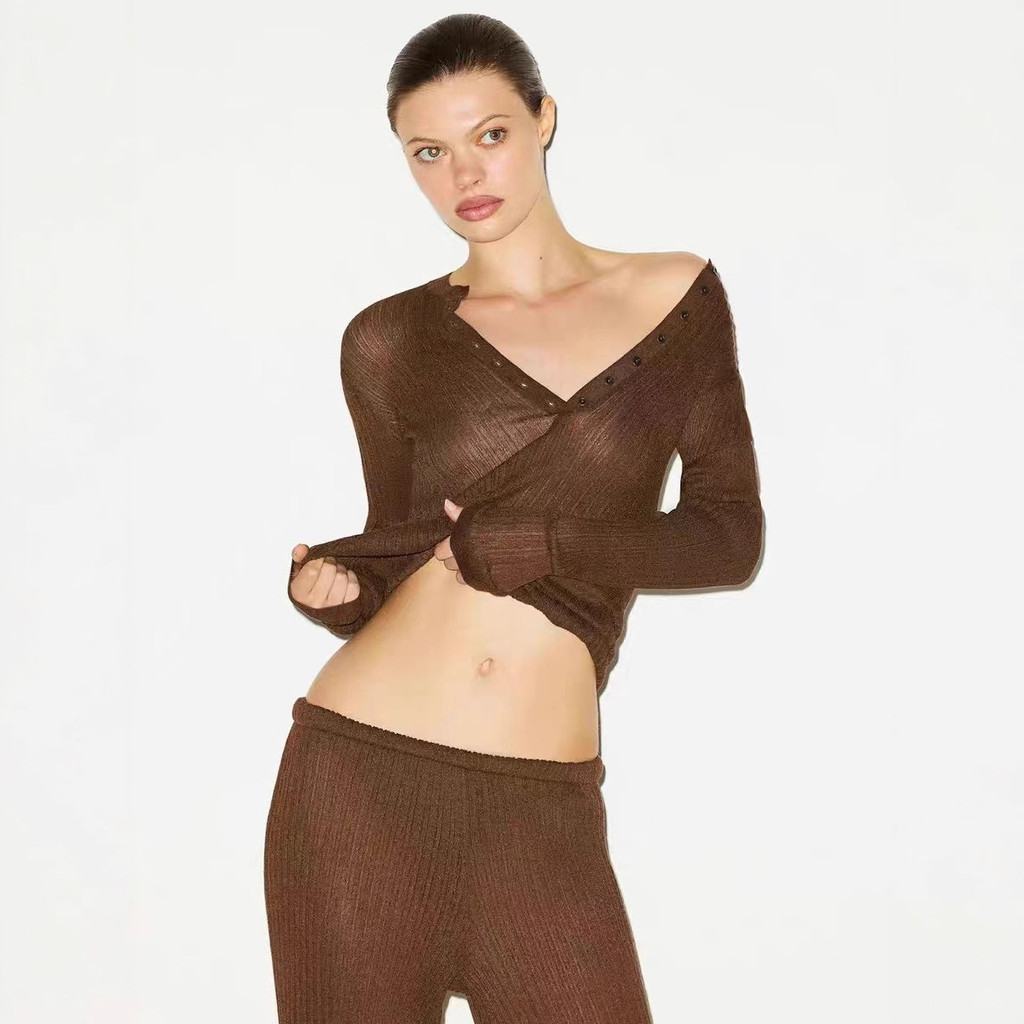 T3RZ Skims Sheer Ribbed Sheer Knit v Button-Down Long Sleeve Shirt t Henley Shirt