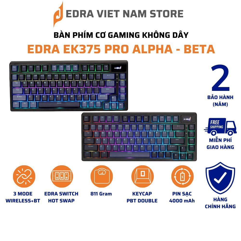 BÀN PHÍM CƠ GAMING KHÔNG DÂY EDRA EK375 PRO ALPHA - BETA CHÍNH HÃNG