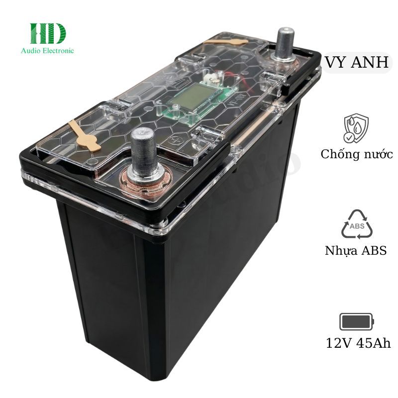 Vỏ Bình Pin 12V 45Ah 12 Cell Pin 33140 32140 Nhựa ABS Có LED Báo Dung Lượng Chống Nước 2 Tay Nắm - L