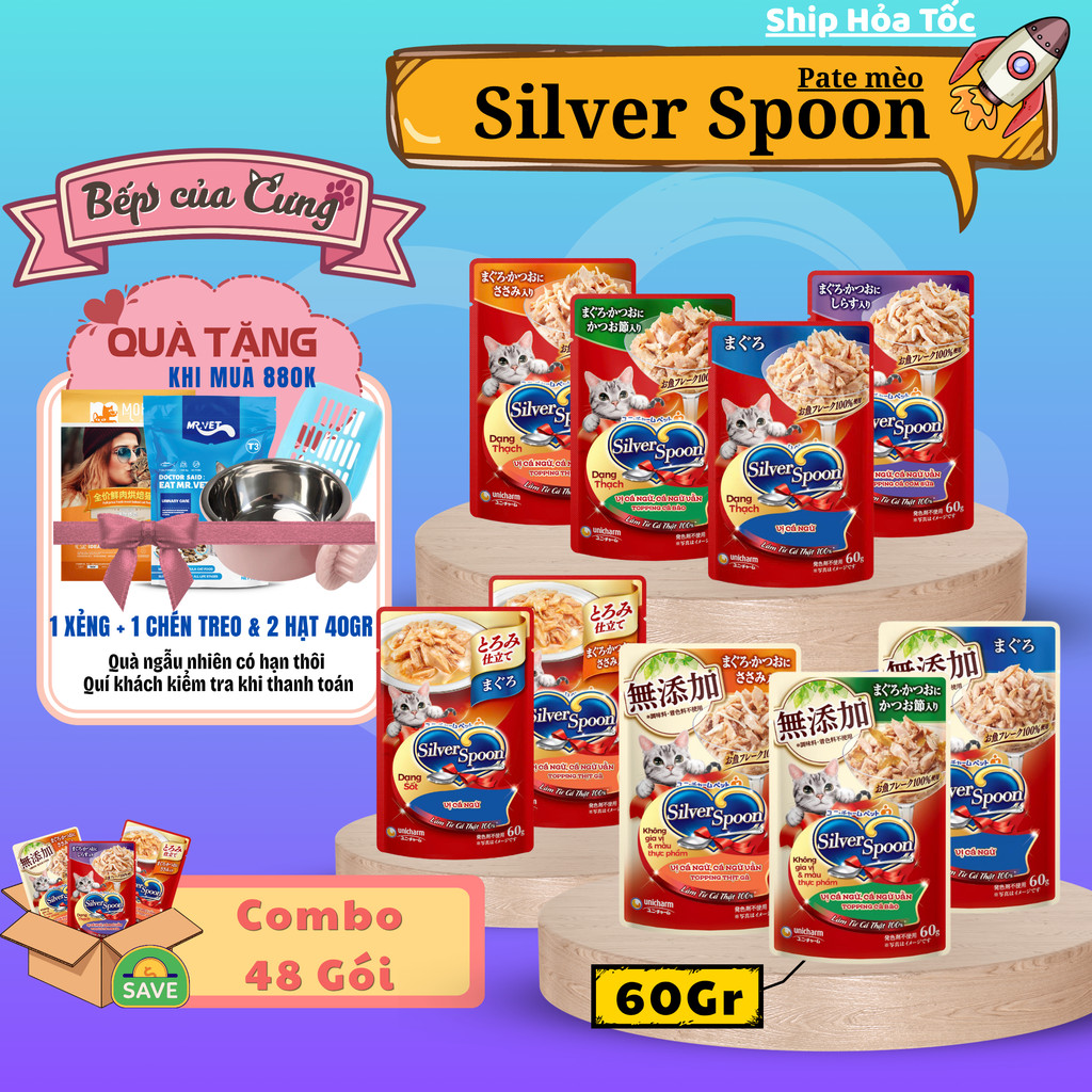 [ Combo 48 Gói ] Pate Silver Spoon Thức ăn ướt cho mèo Silver Spoon đủ vị 60g/gói