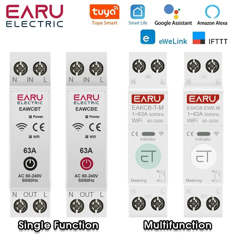 Tuya eWeLink WiFi Bộ ngắt mạch thông minh MCB 1P + N 63A Công tắc rơle thời gian Đồng hồ đo năng lượ