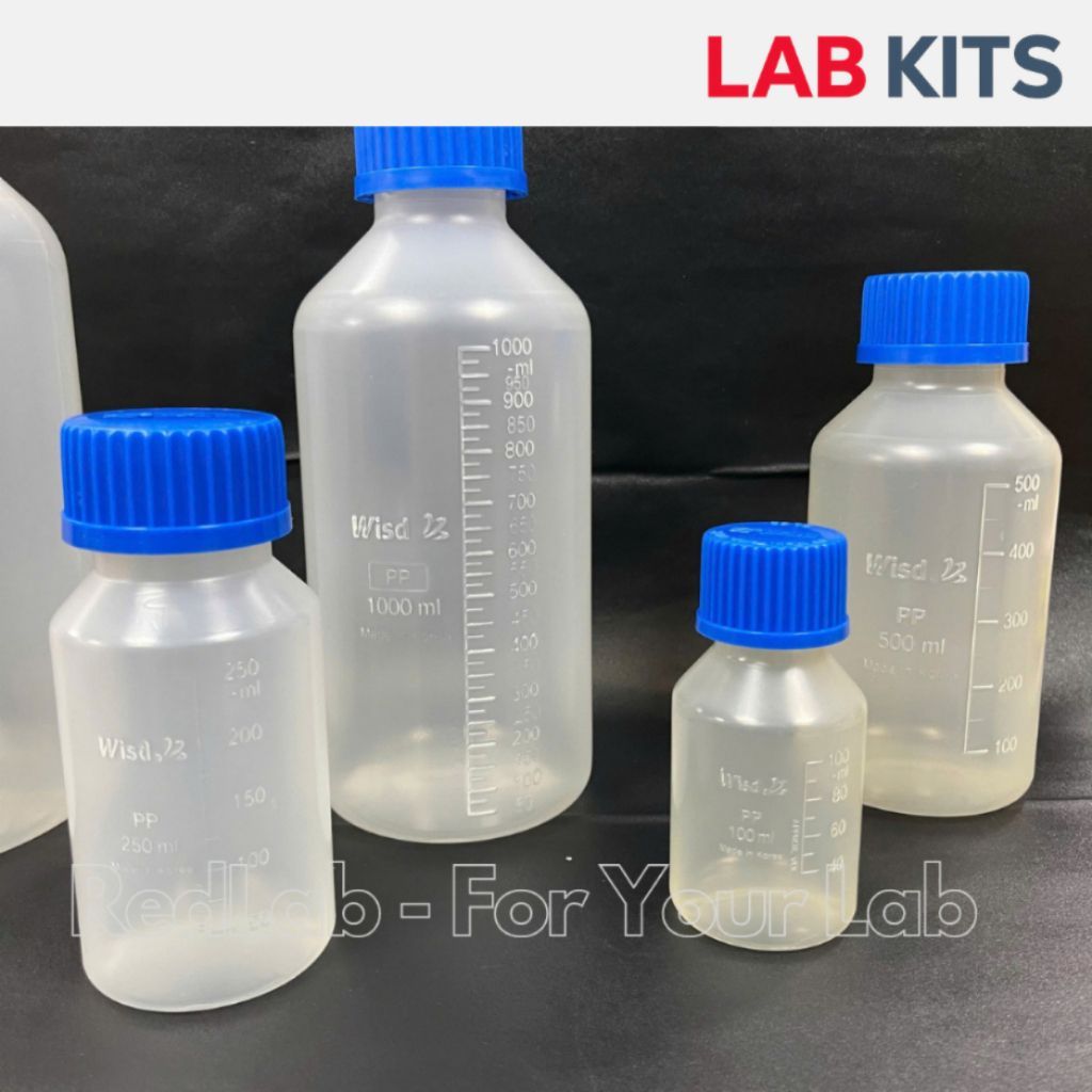 Chai nhựa PP trắng chịu nhiệt, nắp GL 32 / GL45 WISD 100 250 500 1000 2000 ml , vạch nổi, Laboratory