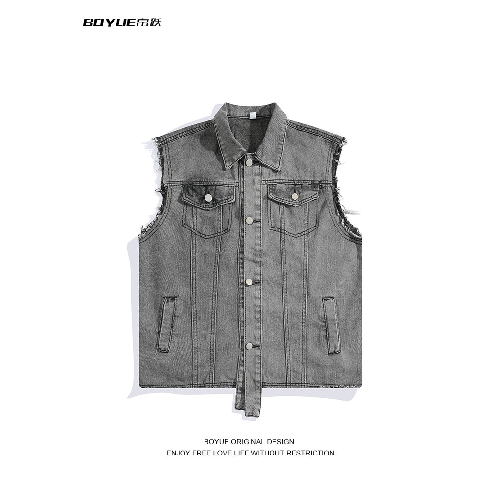 BOYUE BOYUE Đau Khổ Frayed Denim Áo Vest Thiết Kế Mỹ Cảm Thấy Ruffian Đẹp Trai Thời Trang Dụng Cụ hi