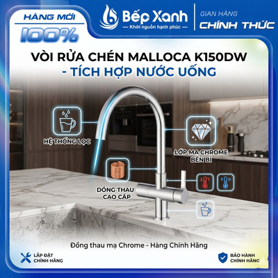 Vòi rửa chén Malloca K150DW - Tích hợp nước uống, Đồng thau mạ Chrome - Hàng Chính Hãng