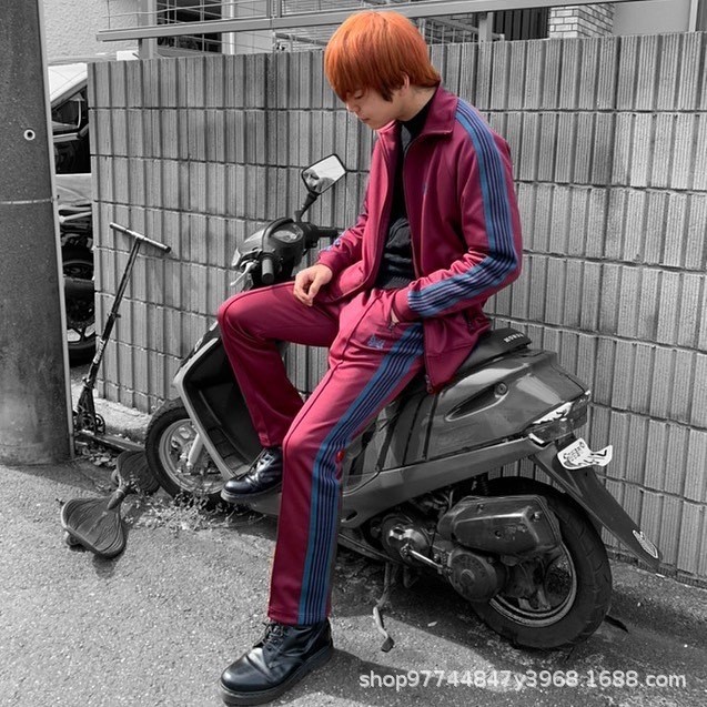 BRZK Needles Burgundy embroidery LOGO Zipper cardigan jacket in navy blue with stand-up collar and c