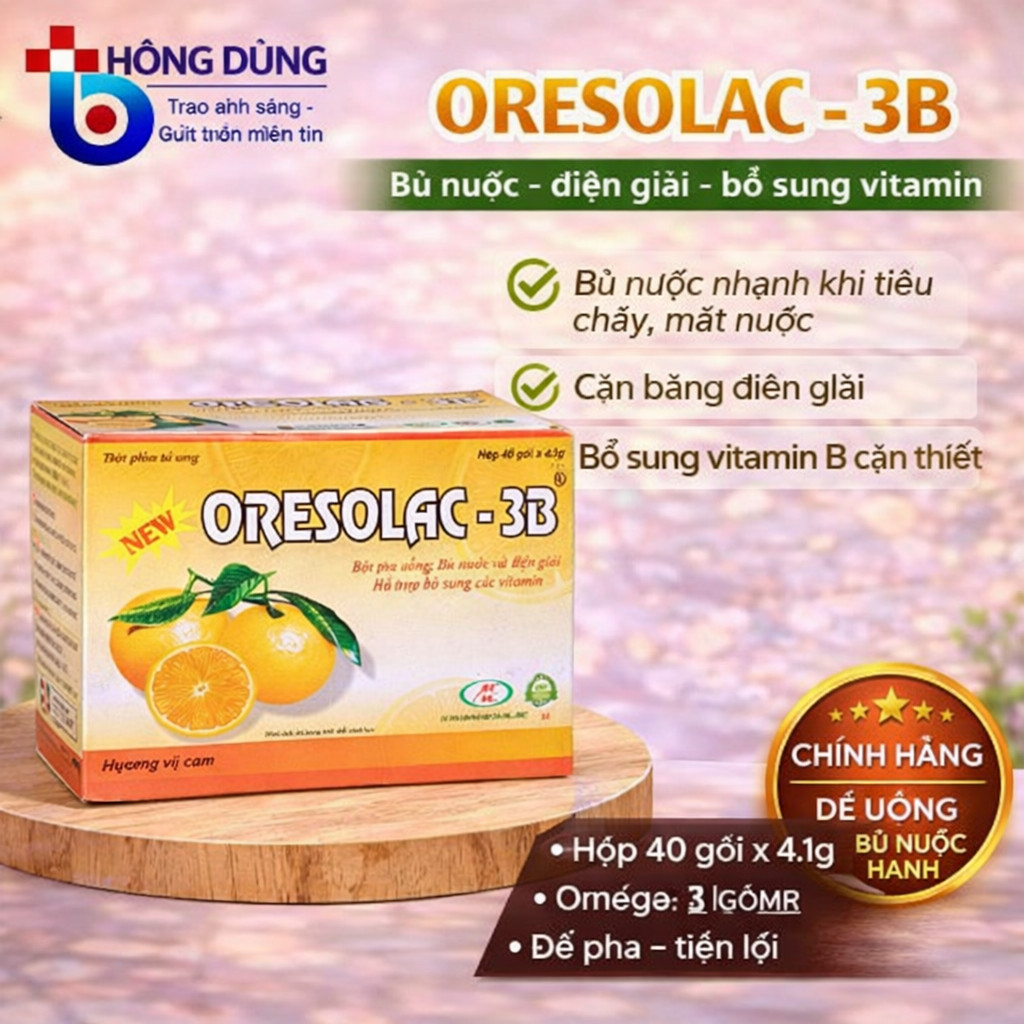 Bù nước và điện giải vị cam Oresolac 3b  hộp 40 gói bột, bổ sung muối glucose, kali, dùng khi sốt, c