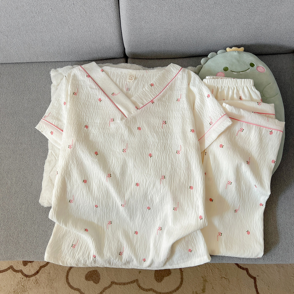 Pijama Đồ ngủ nữ Màu hồng Áo cổ V Bộ đồ ngủ dễ thương mềm mại Thoải mái đồ mặc nhà Pyjama 114