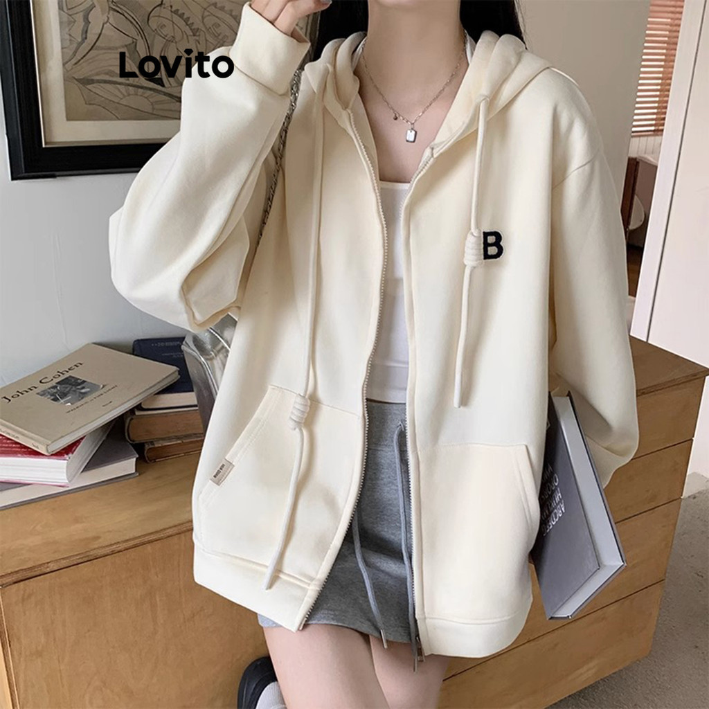  Lovito Áo nỉ thông thường có dây kéo chữ cho nữ LNA39203  Mai  