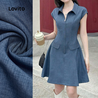  Lovito Trang phục váy denim casual có khoá kéo túi giả phù hợp mùa xuân hè màu xanh denim cho nữ L142LD240 