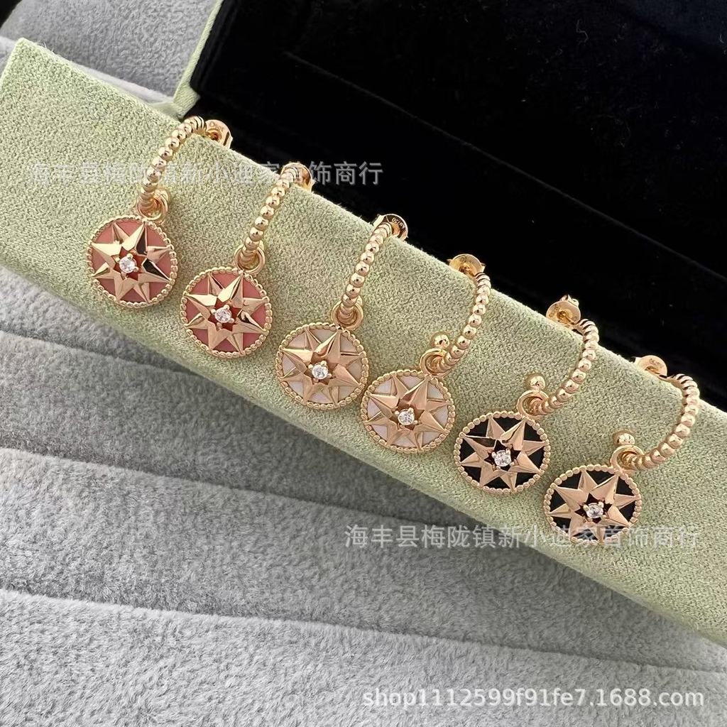 DI# High Version Compass Eight-Pointed Star White Shell Stud Earrings French Style Elegant925Silver 