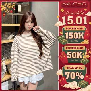  Áo thun nữ form boxy tay dài Miucho vải borip thoáng mát mềm mại trơn kẻ sọc mix màu AT00055 