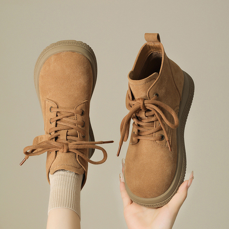 Giày bốt nữ cao cấp Feel Brown Nubuck Leather Martin Boots Camel Lace-Up Low-Top