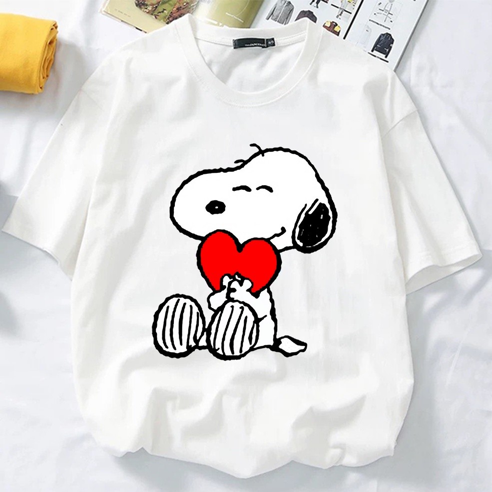 SNOOPY thời trang Joker ngắn tay cotton trái tim đỏ graffiti Snoopy áo thun dáng rộng