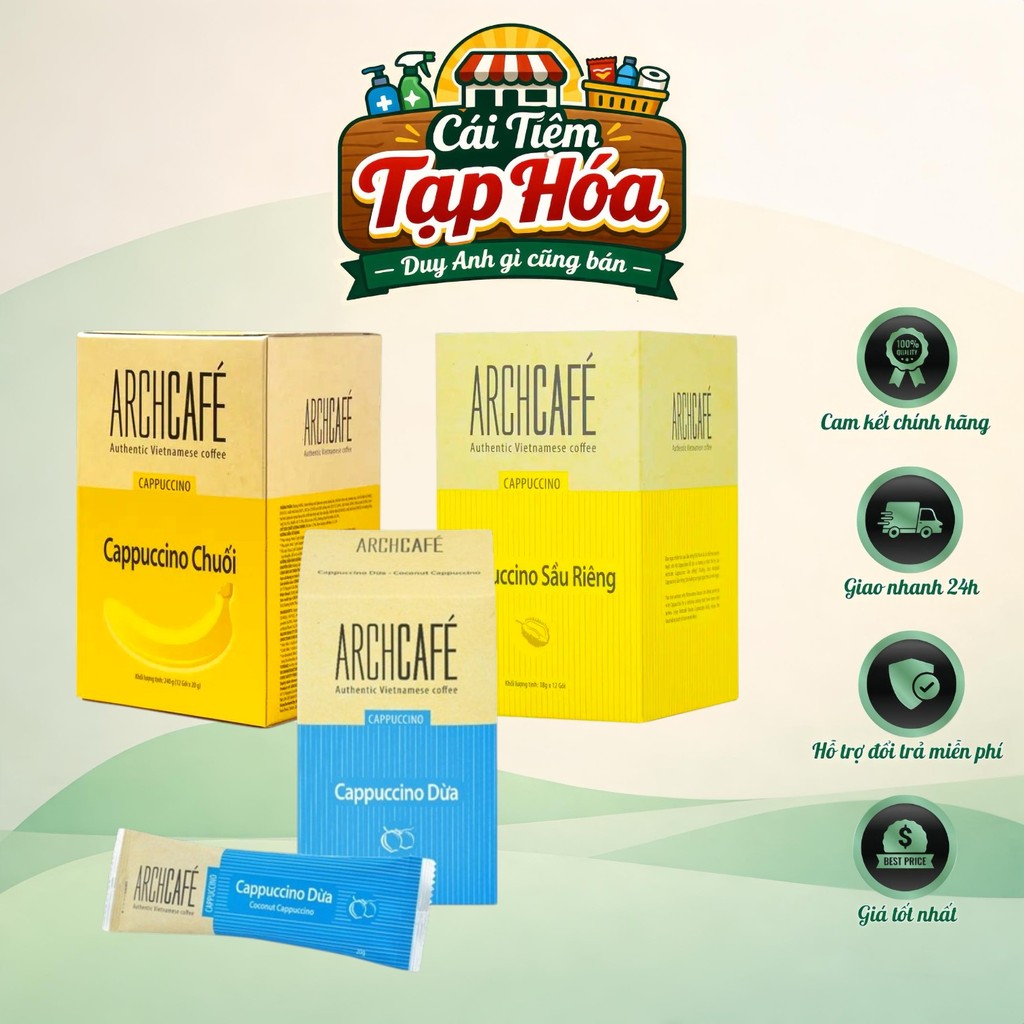 [COMBO 3 HỘP] Hộp 12 gói - Capuchino Vị Trái Cây ArchCafe - Vị Chuối / Sầu Riêng / Dừa - Cà Phê Trái