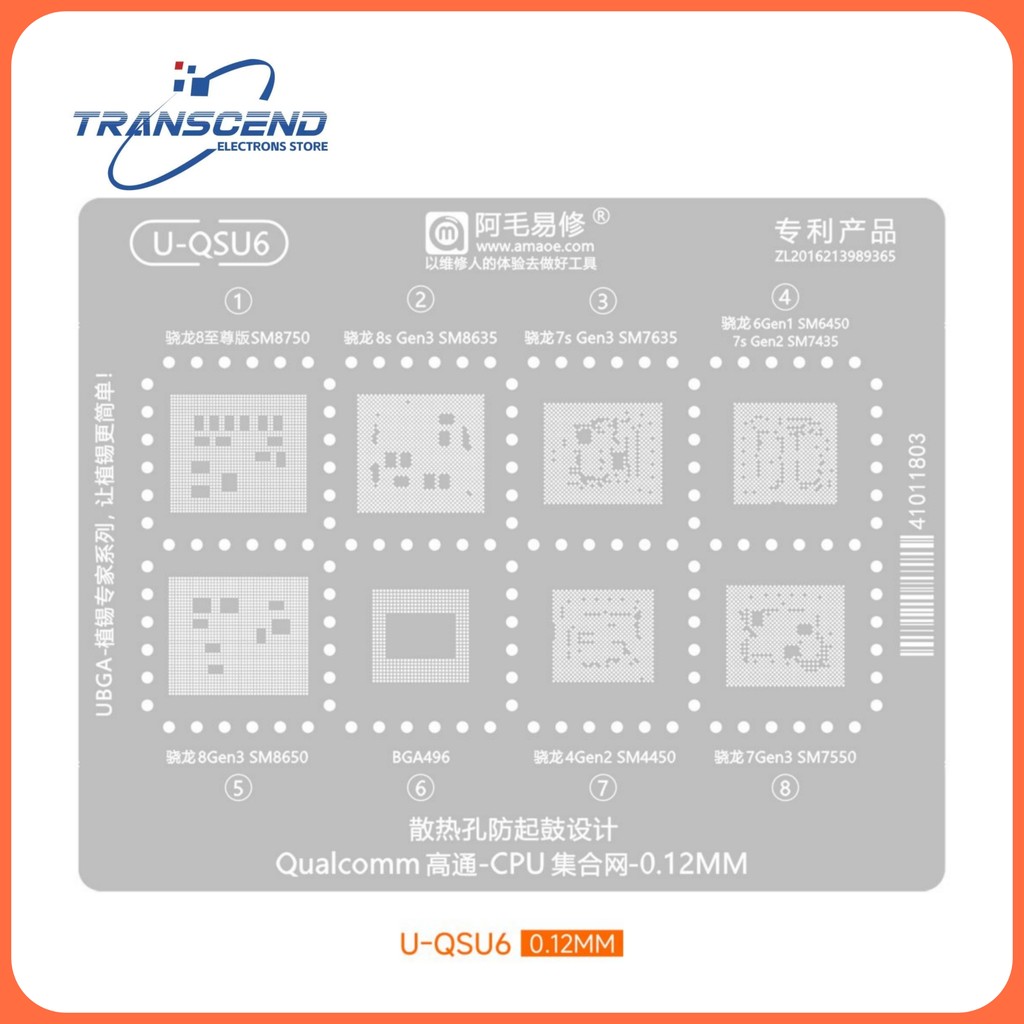 U-QSU6 BGA Reballing Stencil cho Qualcomm Snapdragon 8 Ultra SM8750 8S Gen3 SM8635 7S Gen3 SM7615 4G
