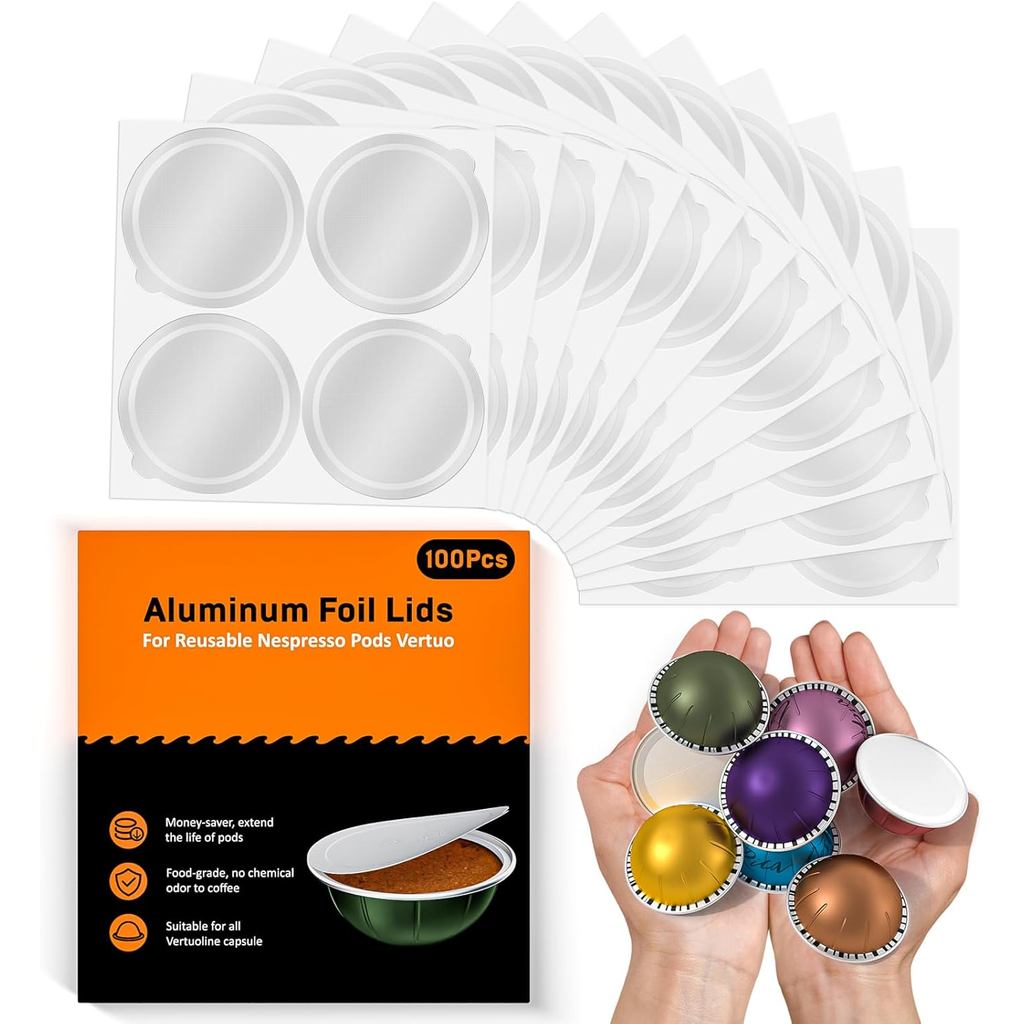 Nắp Giấy Nhôm Cho Nespresso Vertuo Pods Có Thể Tái Sử Dụng, 100 Chiếc Vỏ Cói Giấy Có Thể Tái Sử Dụng
