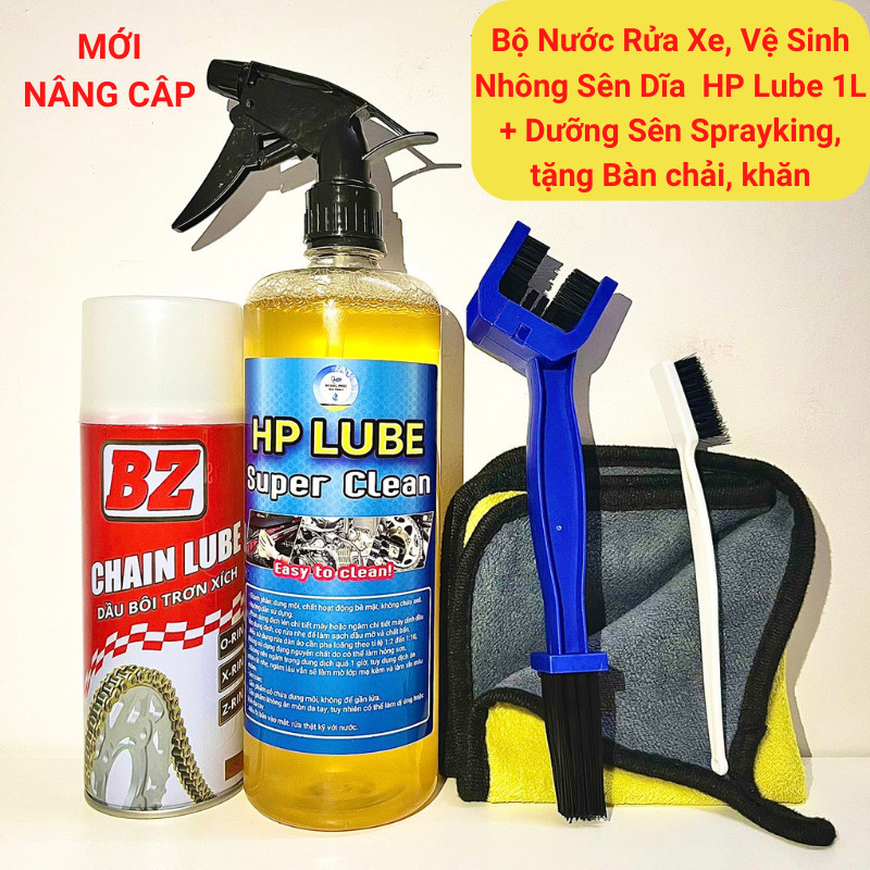 COMBO Dưỡng Sên BZ + Chai Tẩy Rửa Nhông Sên Dĩa Kết Hợp Rửa Xe HP Lube Super Clean 1L Kèm Bàn Chải, 