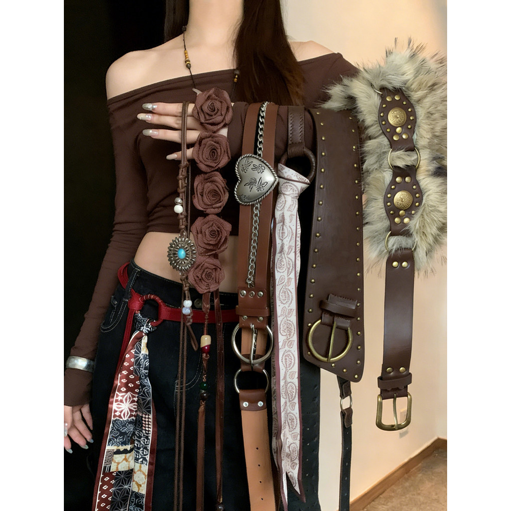 Thắt lưng nữ retro màu nâu café, phù hợp thời trang thu đông